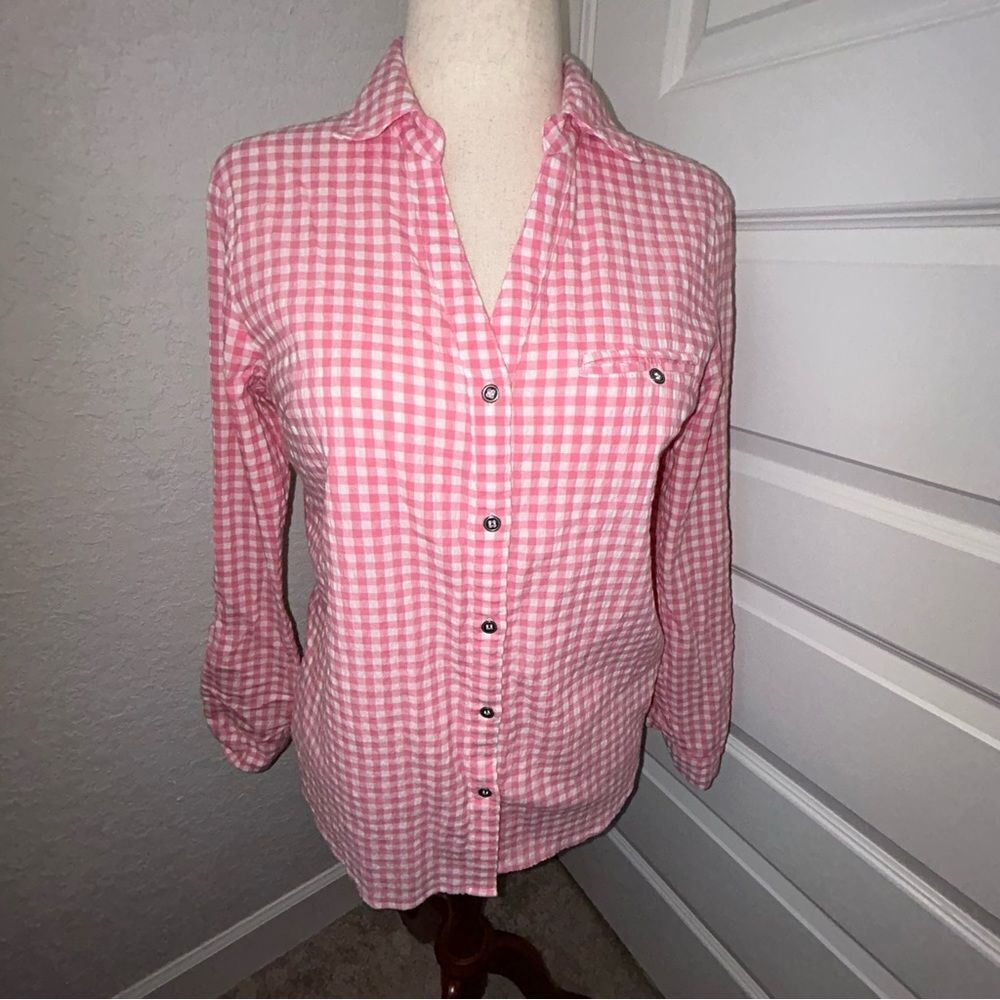 KUT From the Kloth Gingham Print Button Front Long Sleeve Blouse Shirt Top